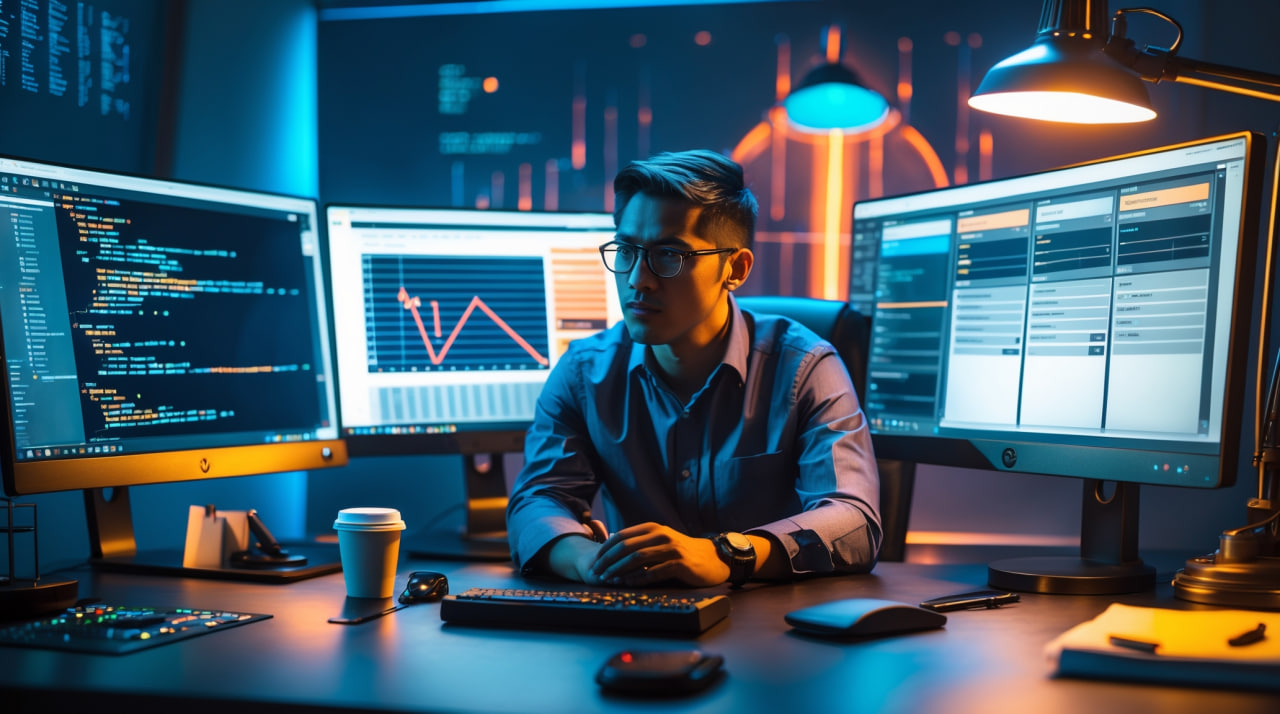 График, показывающий, как не бросить онлайн-курс, на фоне рабочего стола IT-специалиста.